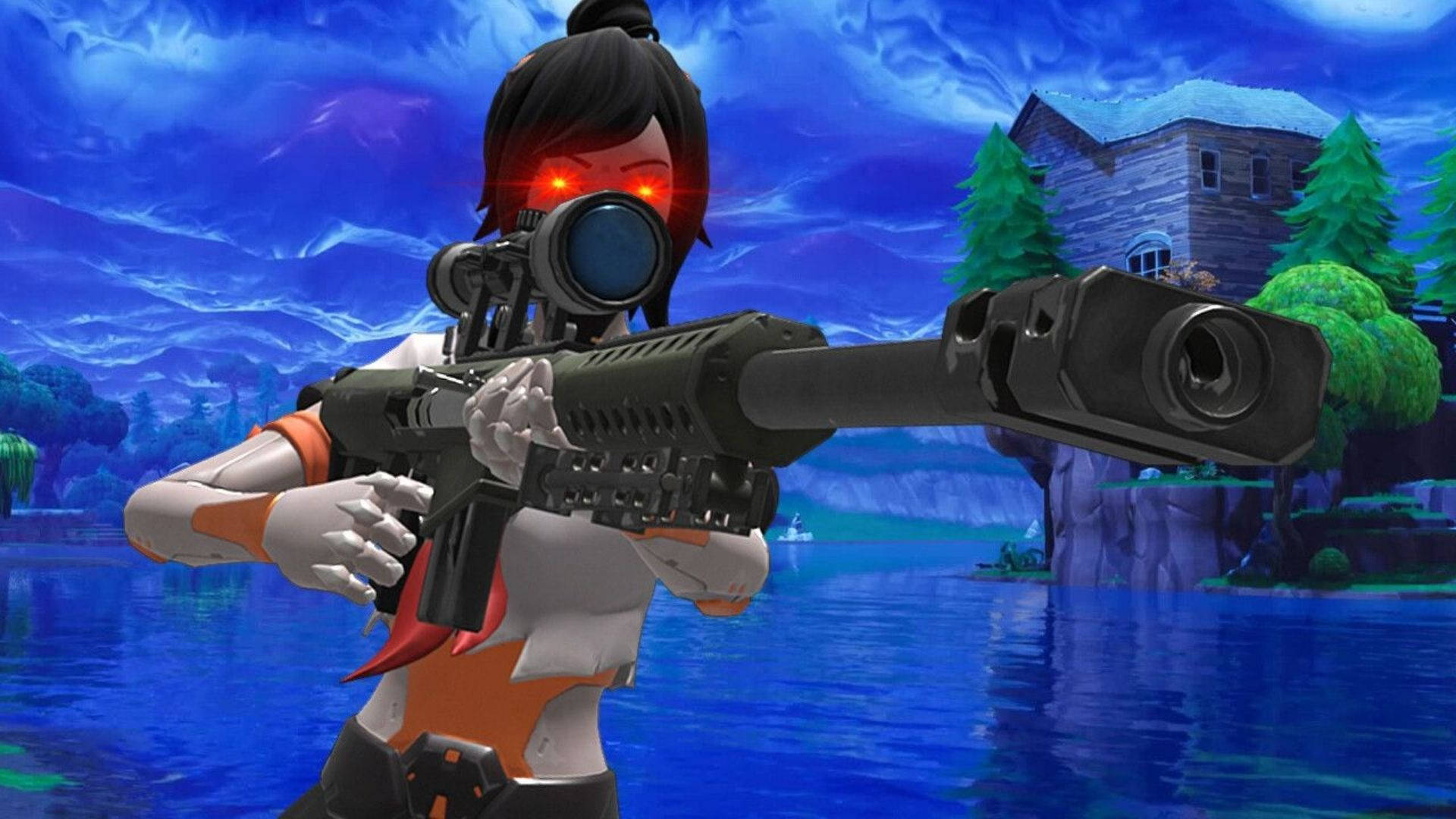 Tsuki Character In Fortnite Wielding High-caliber Rifle Background