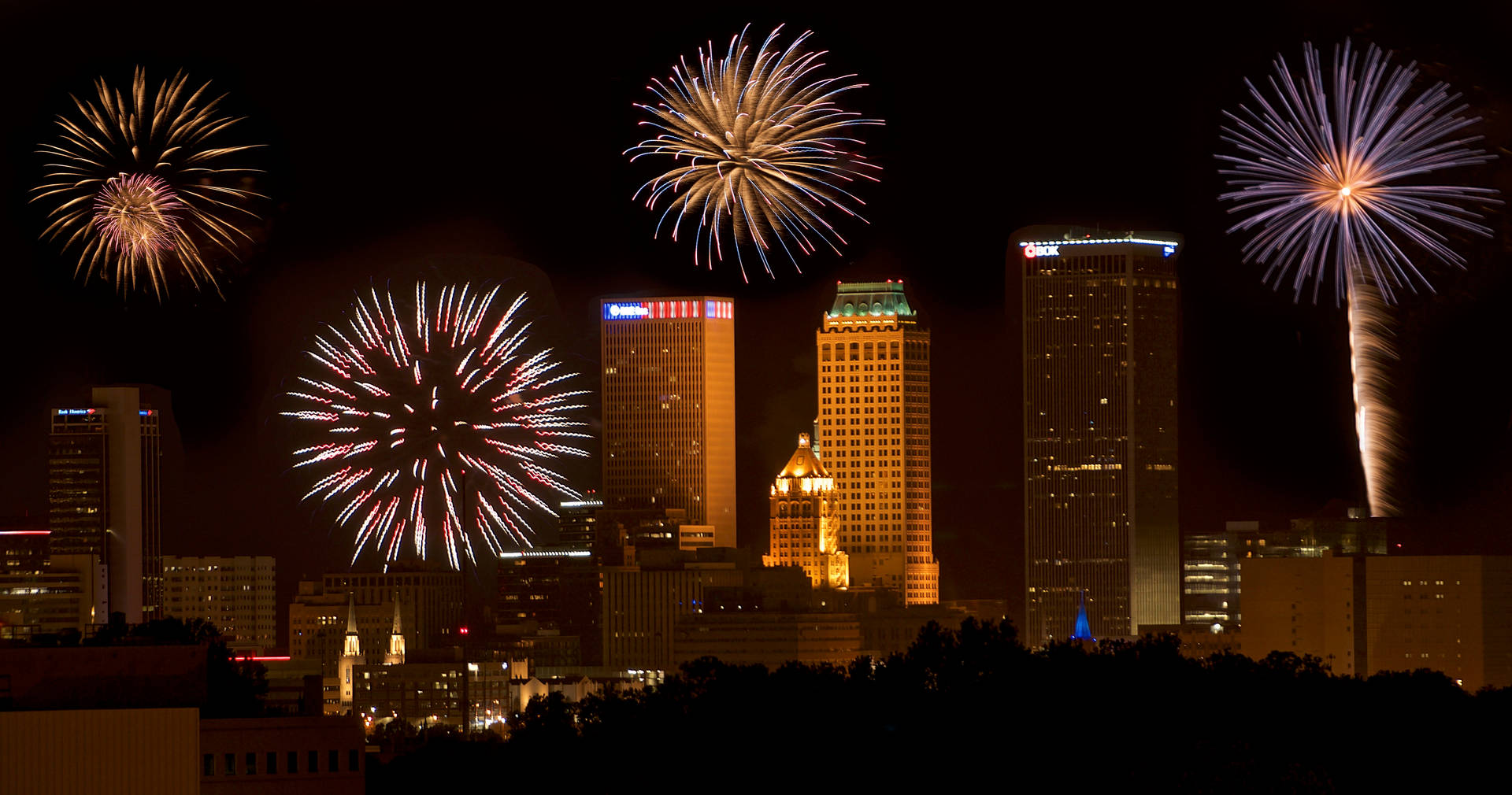 Tulsa City Skyline With Fireworks Background