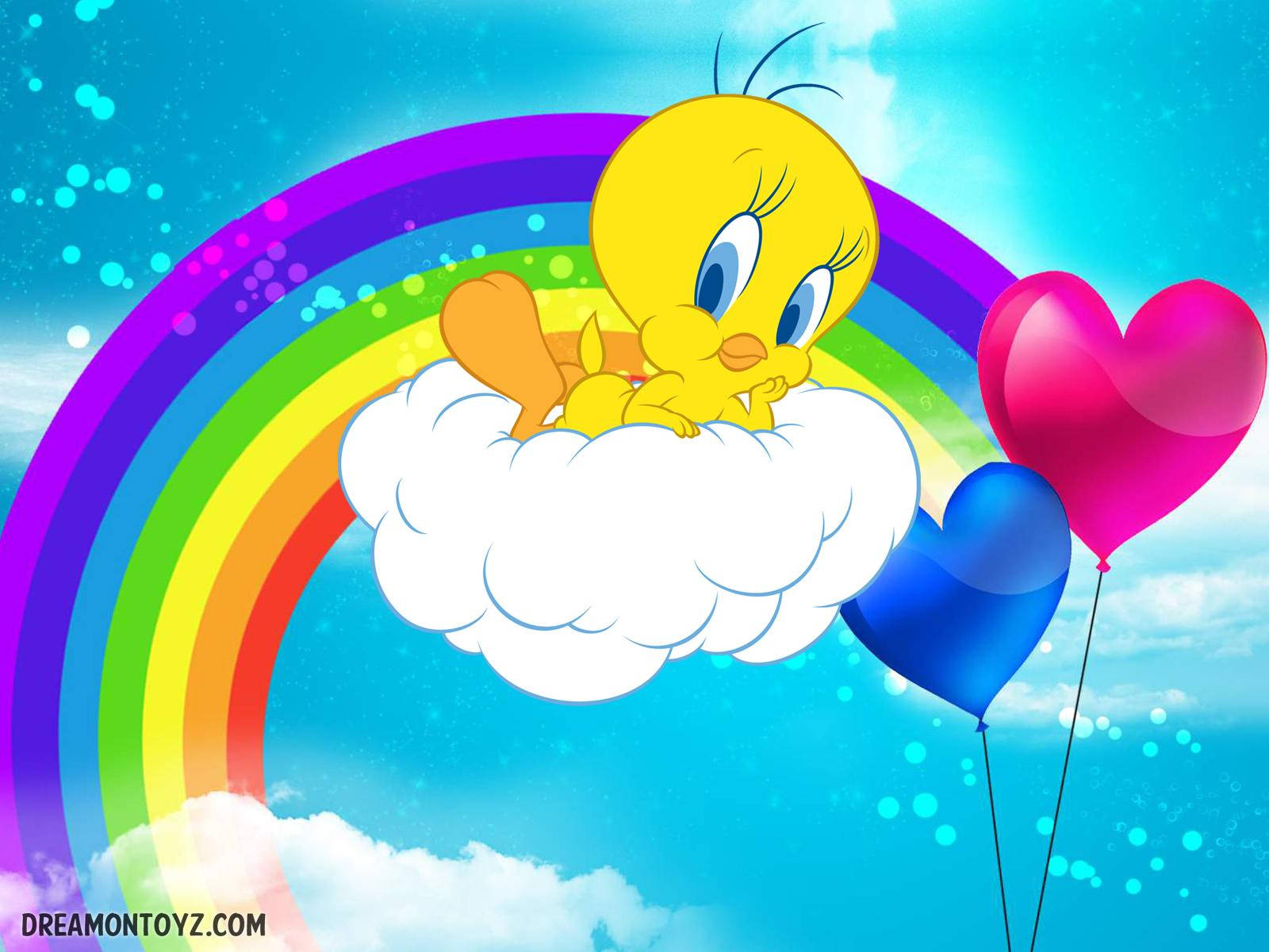 Tweety On Cloud With Rainbow Background