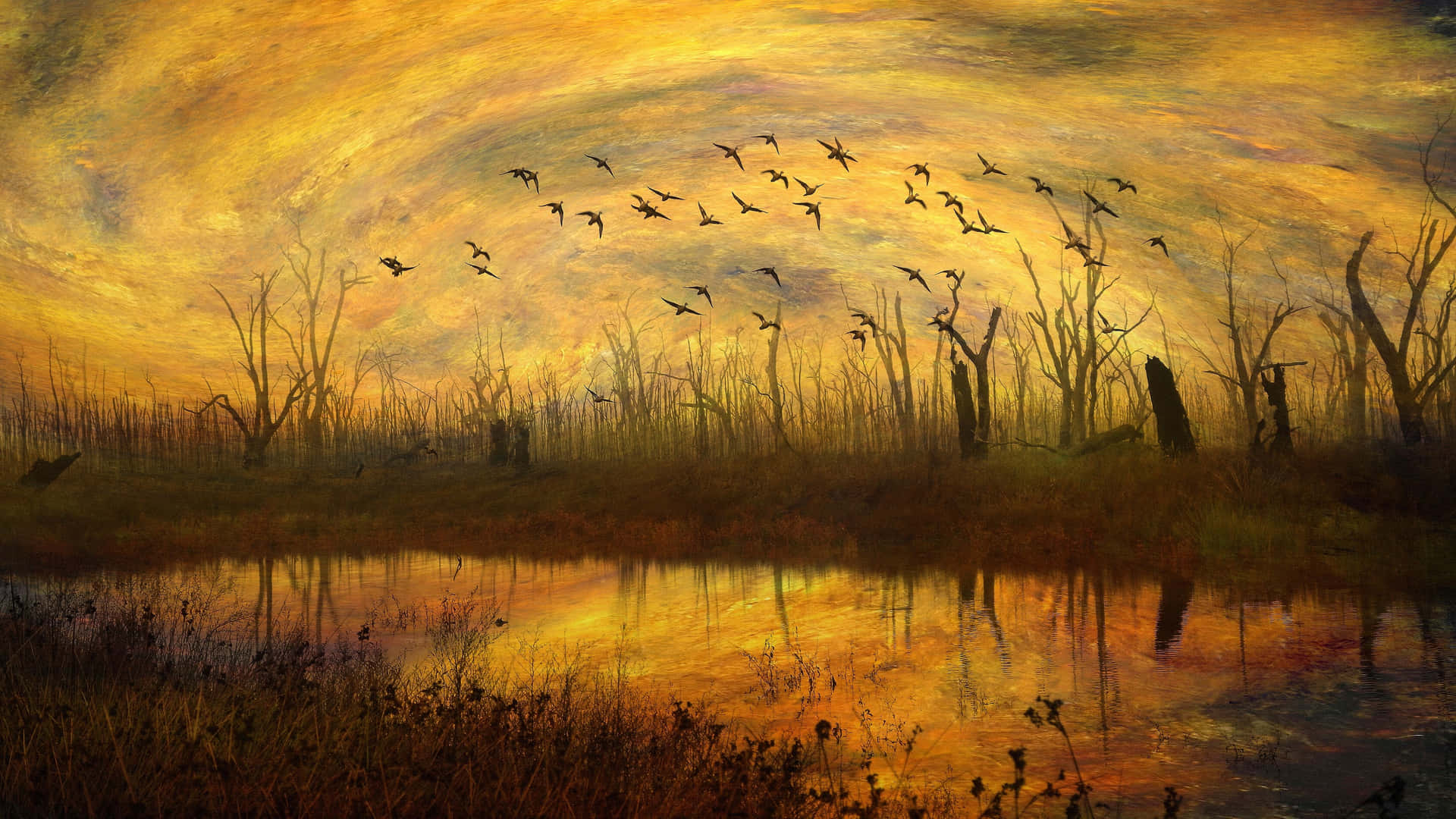 Twilight And Birds 4k Painting Background