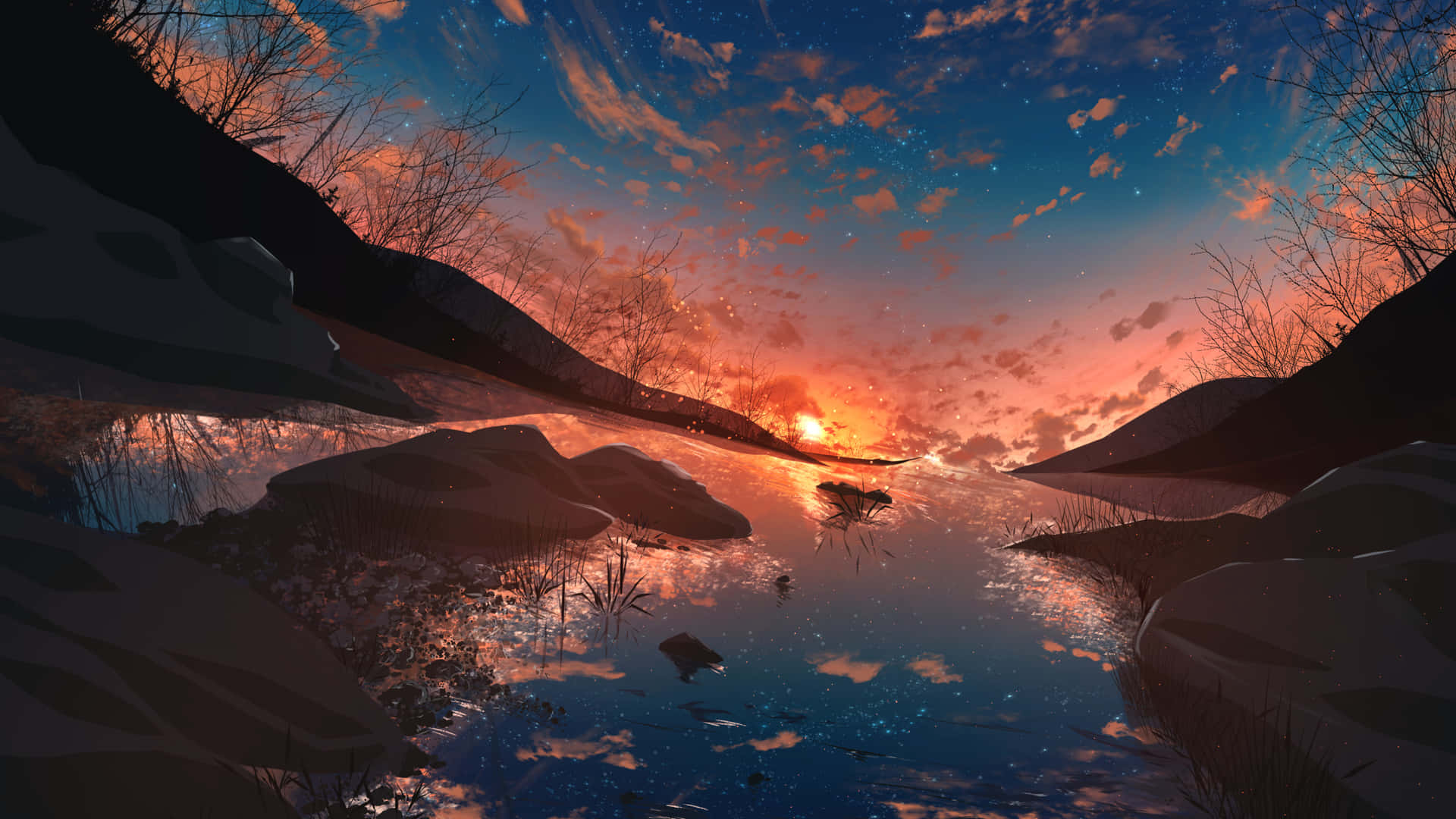 Twilight Reflection Anime Scenery Background