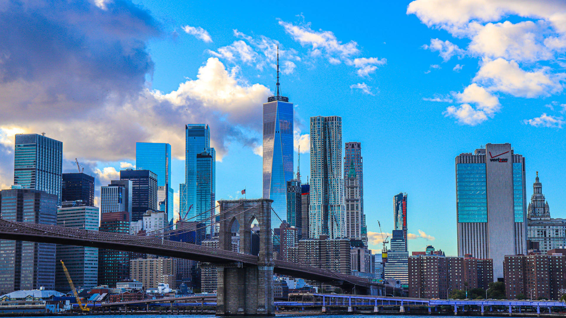 Twin Towers Buildings Near Brooklyn Bridge Background