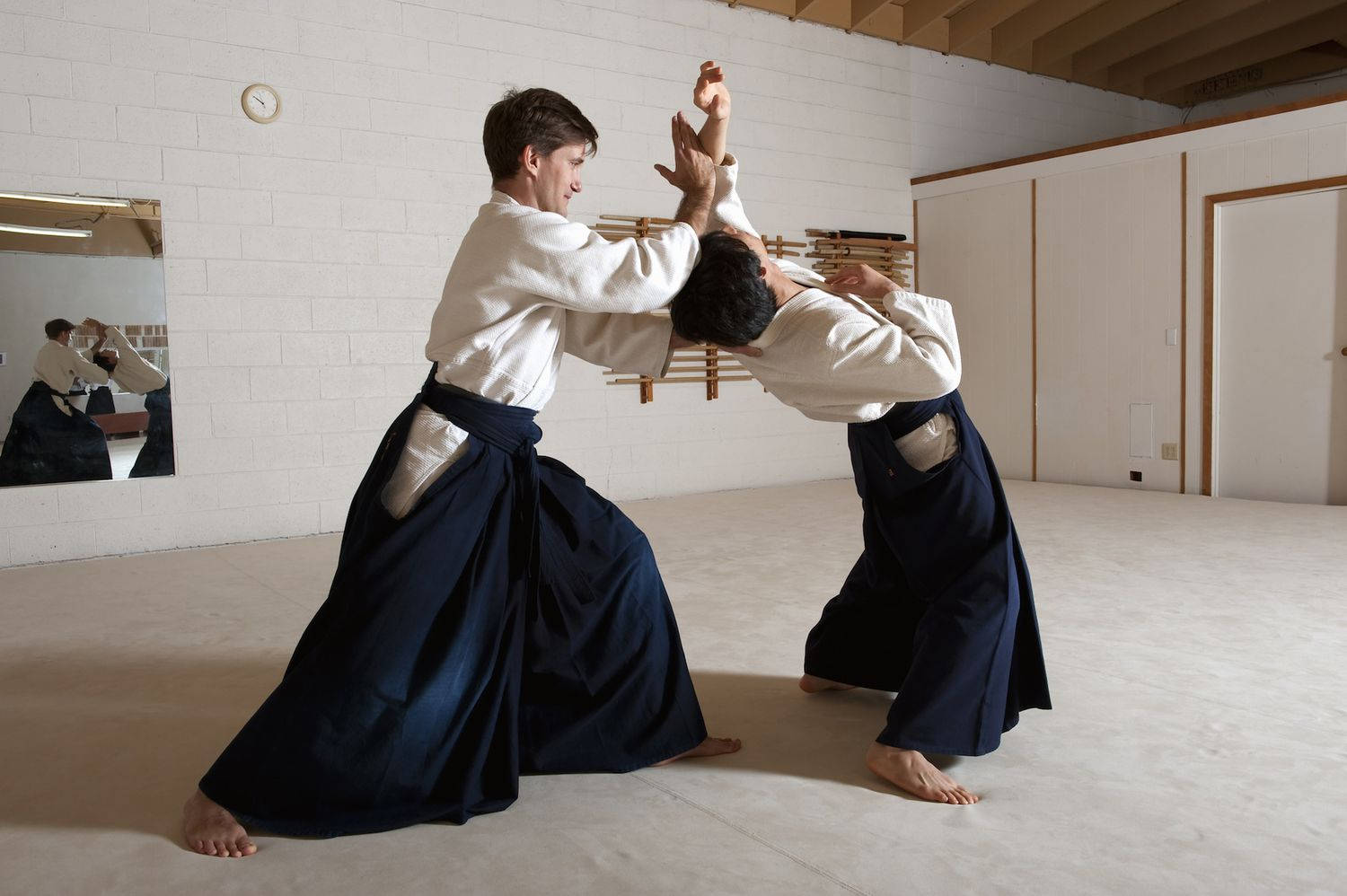 Two Aikidokas In A Dojo Background