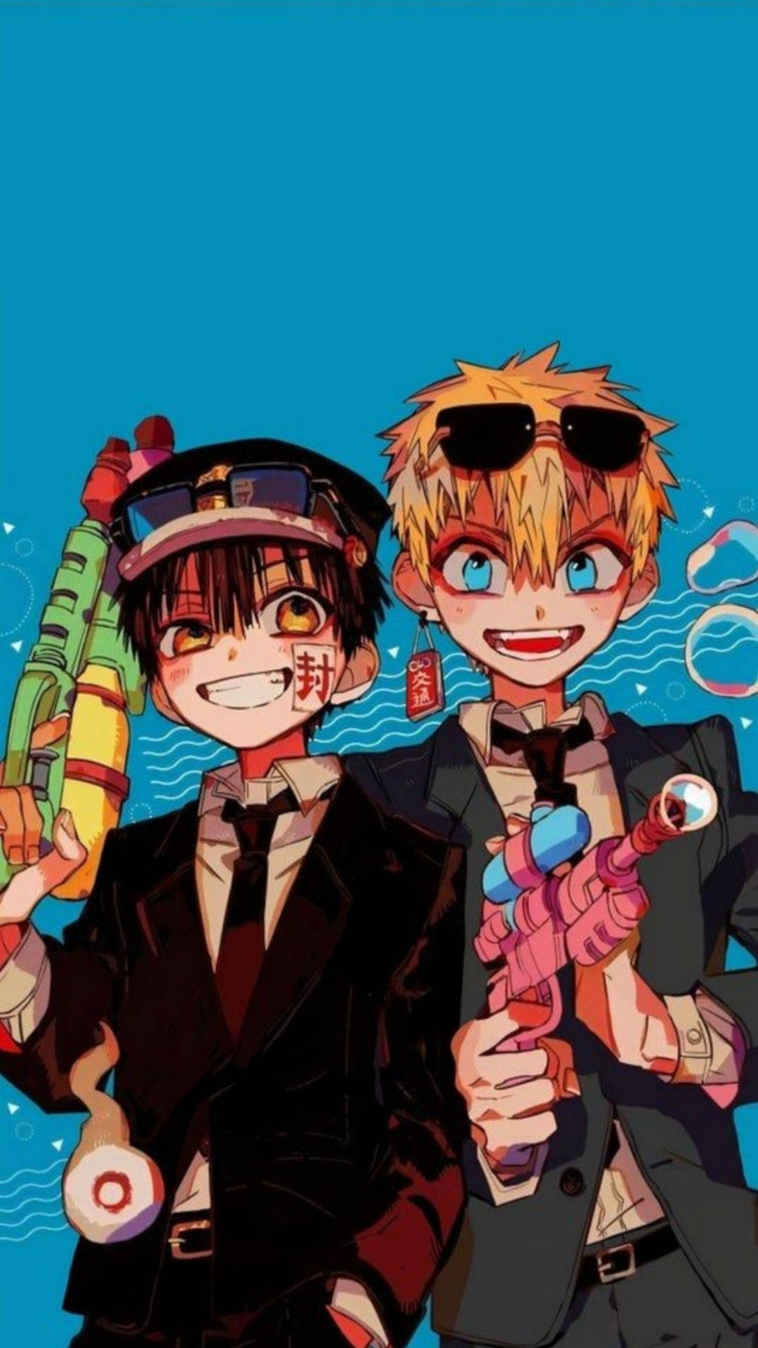 Two Anime Boys Holding Guns And Holding A Blue Background Background