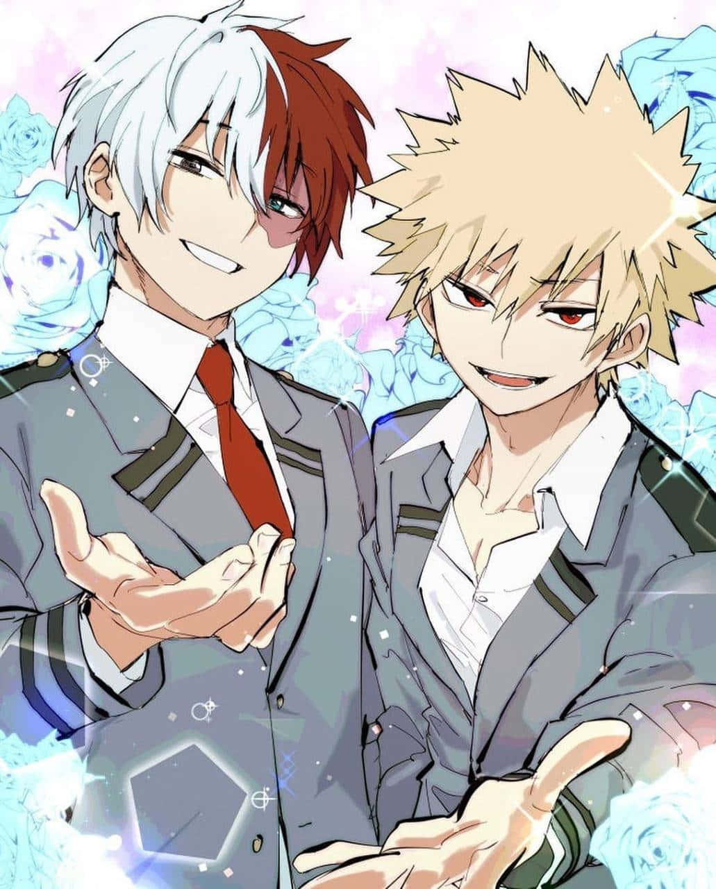 Two Anime Boys In School Uniforms With Flowers Background