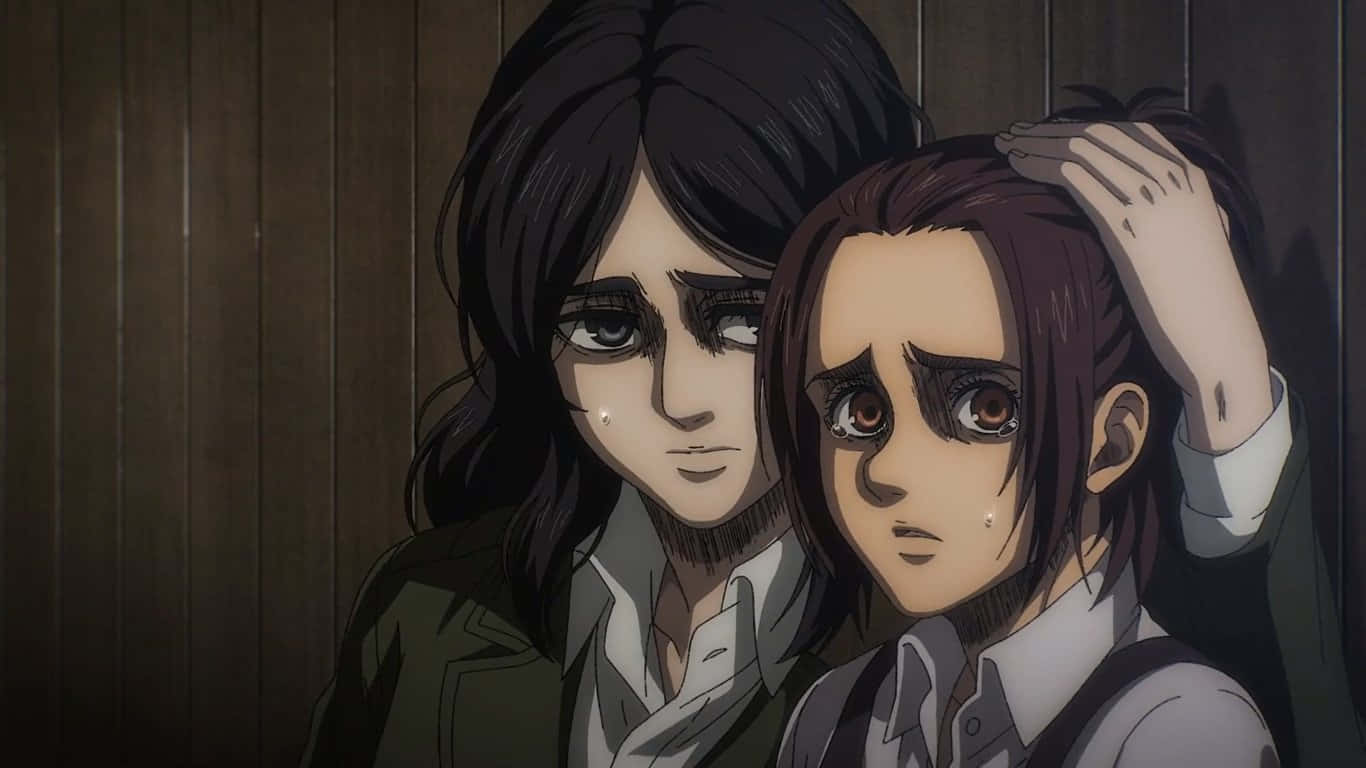 Two Anime Characters Are Standing Next To Each Other Background