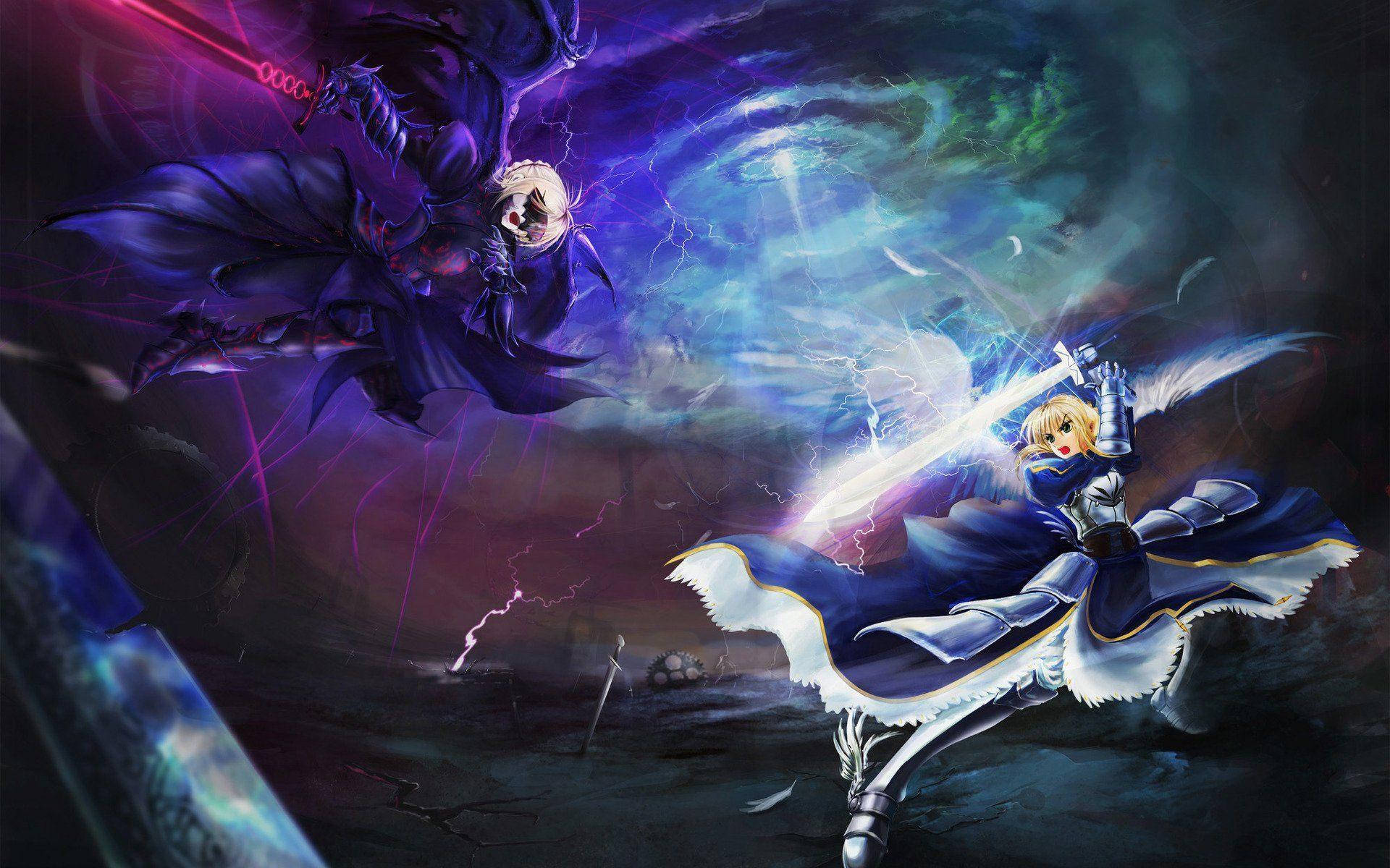 Two Anime Characters Fighting In A Dark Space Background