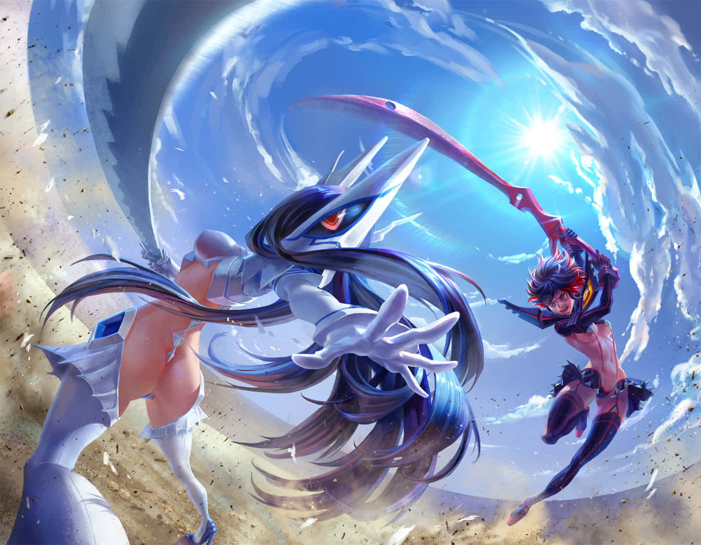Two Anime Characters Fighting In The Air Background