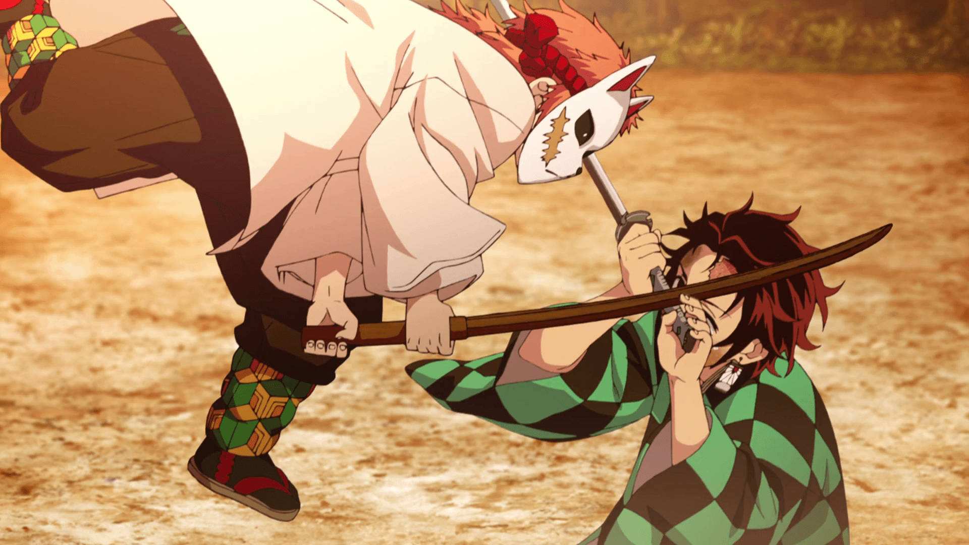 Two Anime Characters Fighting With Swords Background