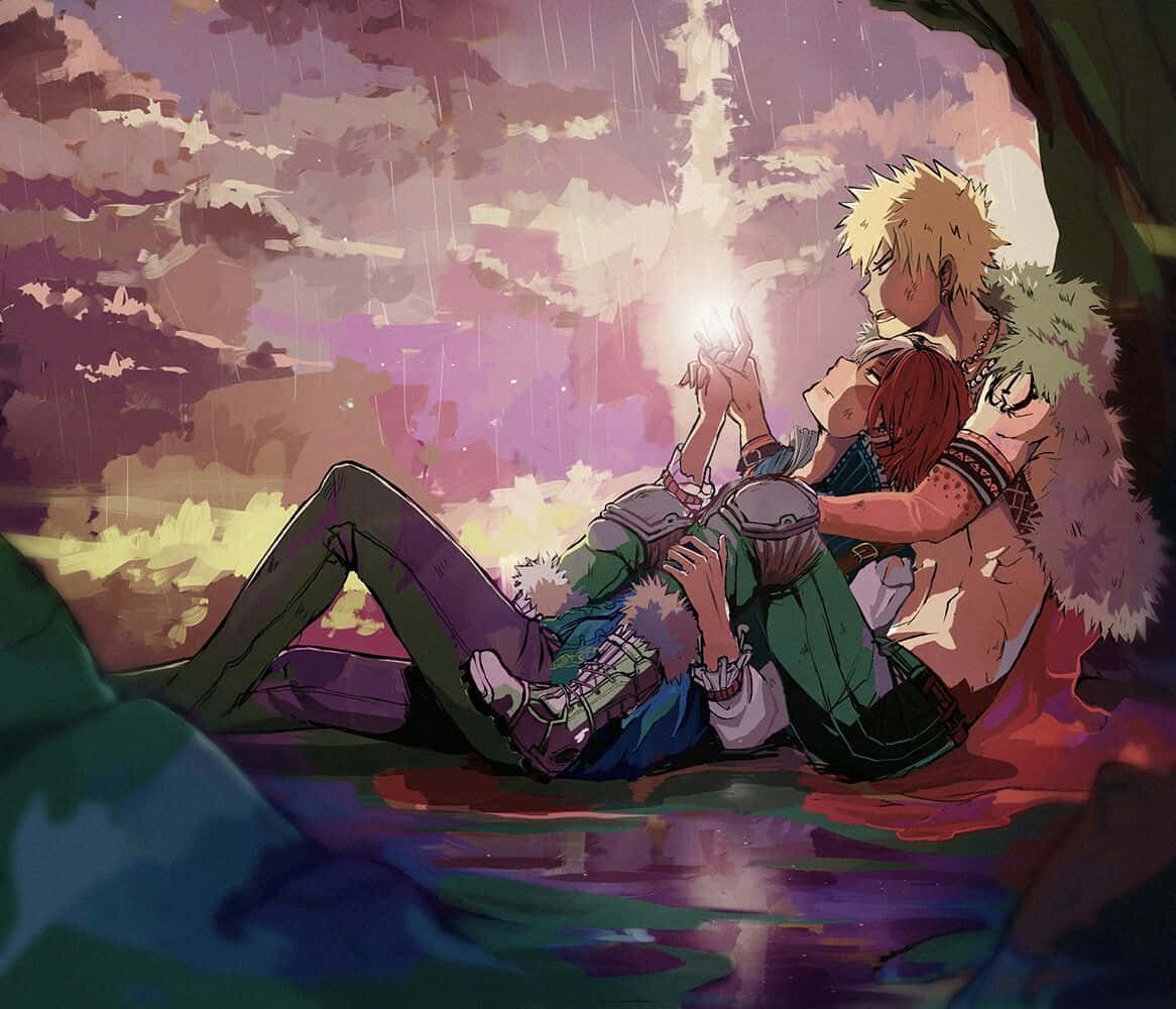 Two Anime Characters Laying Down In The Water