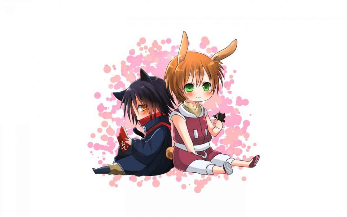 Two Anime Characters Sitting On The Ground Background