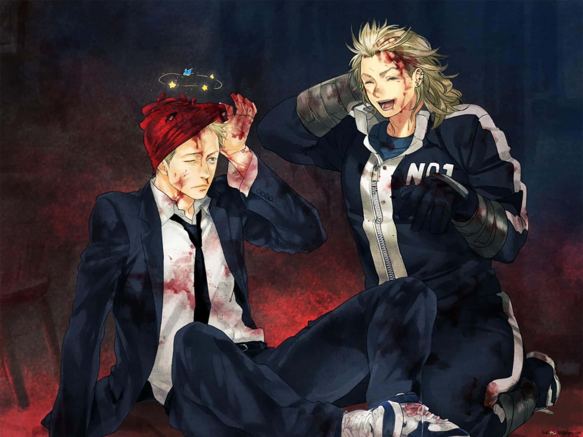 Two Anime Characters Sitting On The Ground With Blood On Their Faces
