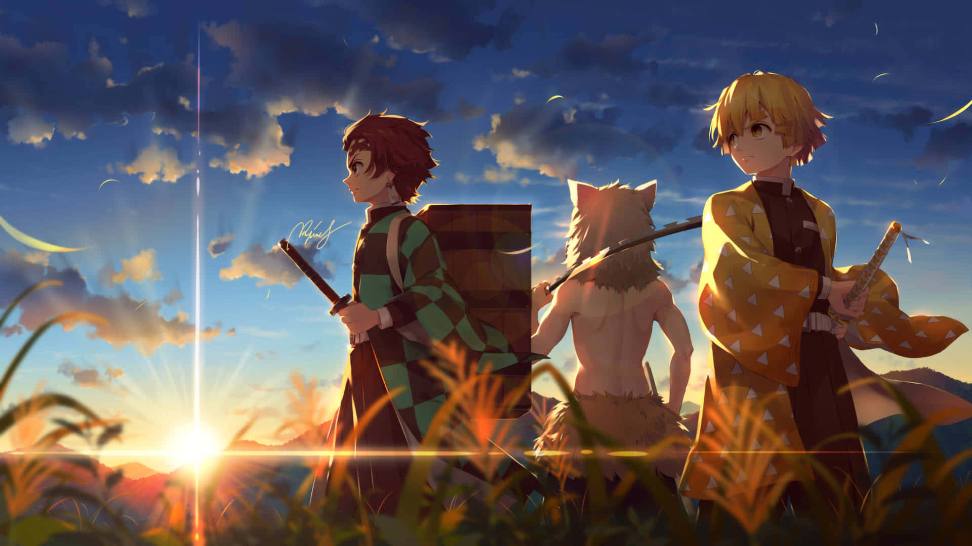 Two Anime Characters Standing In A Field With A Sunset Background