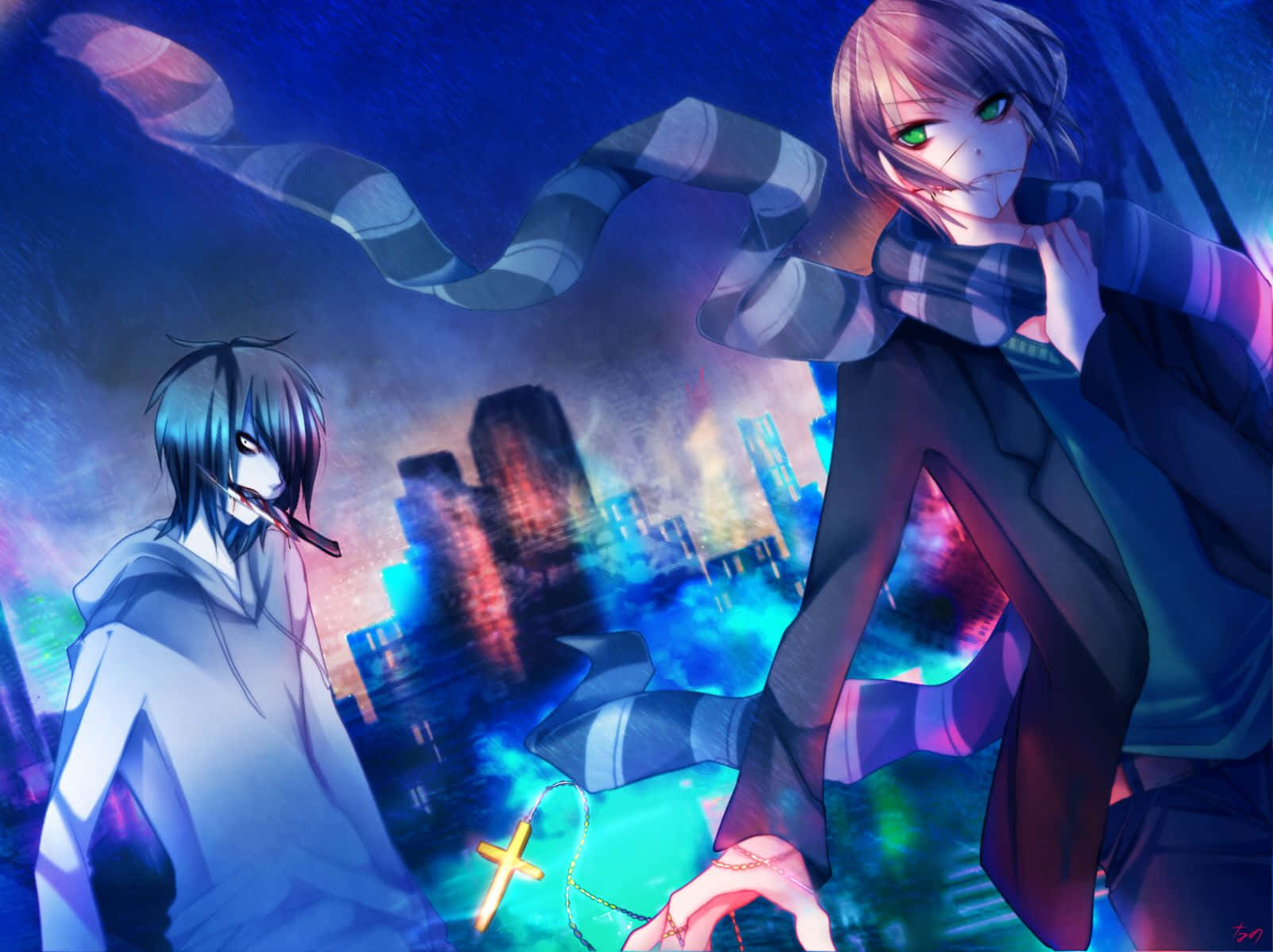 Two Anime Characters Standing In Front Of A City Background