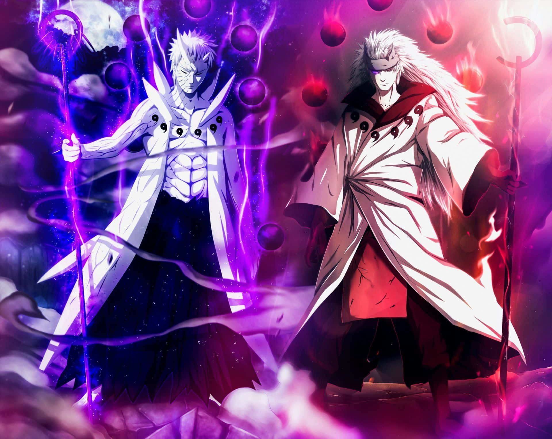 Two Anime Characters Standing In Front Of A Purple Sky Background