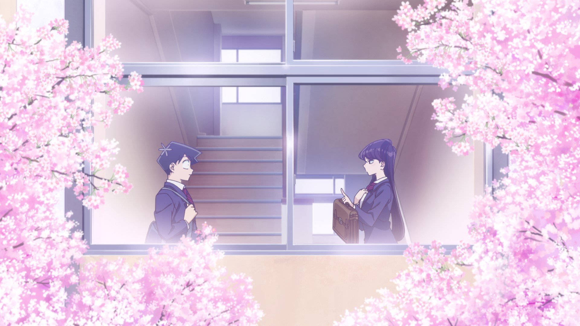 Two Anime Characters Standing In Front Of A Window With Pink Blossoms Background