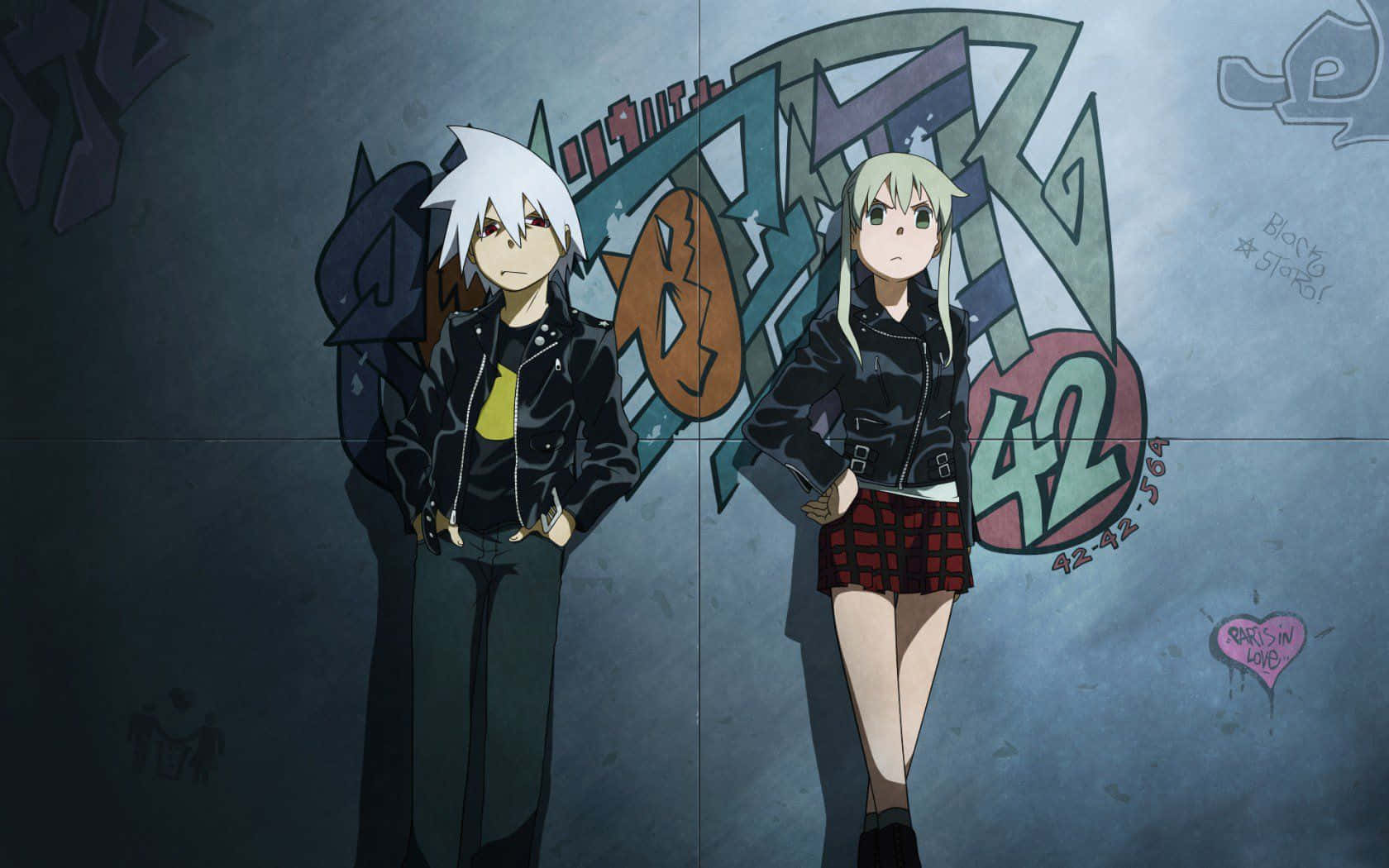 Two Anime Characters Standing Next To A Graffiti Wall Background