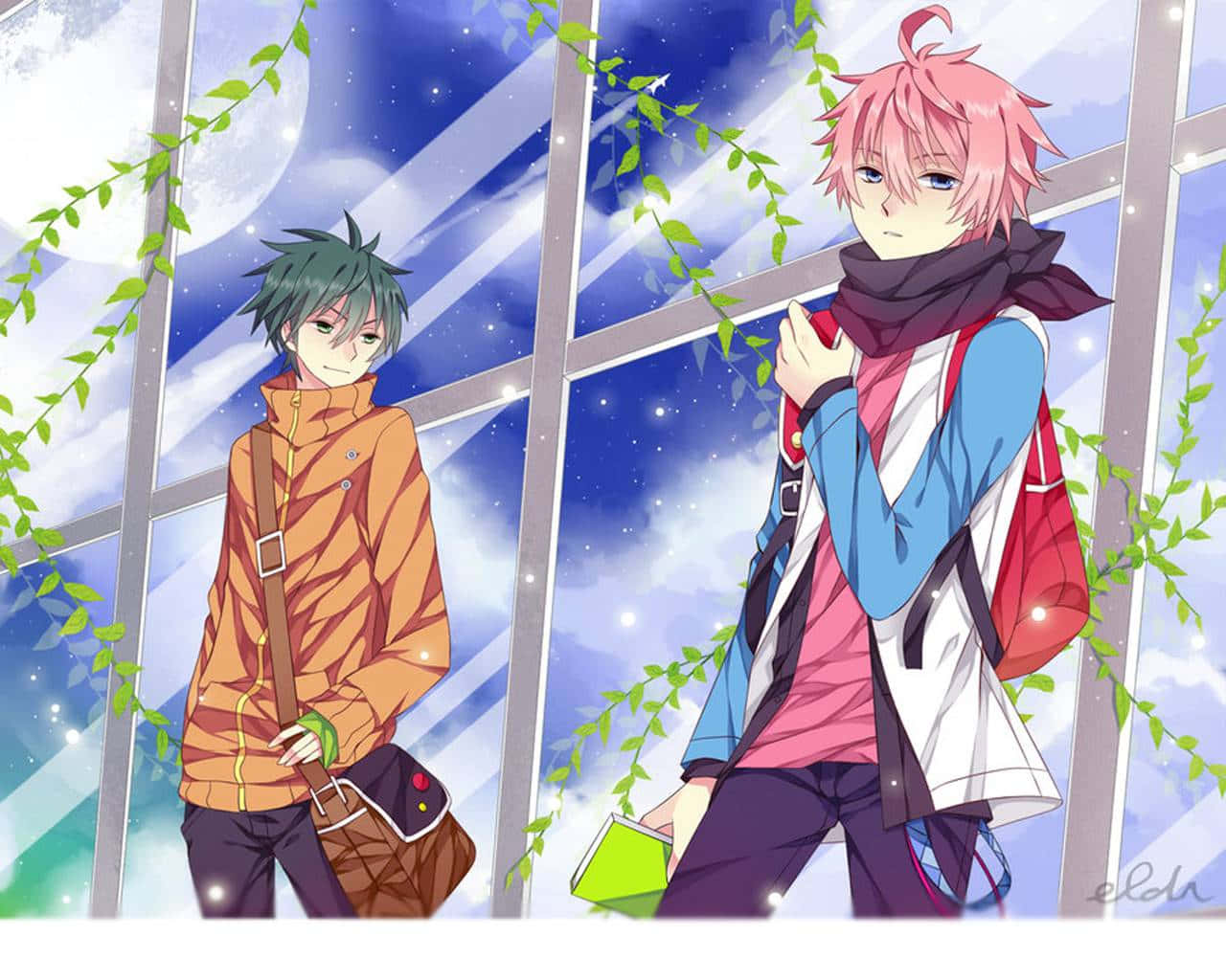 Two Anime Characters Standing Next To Each Other Background