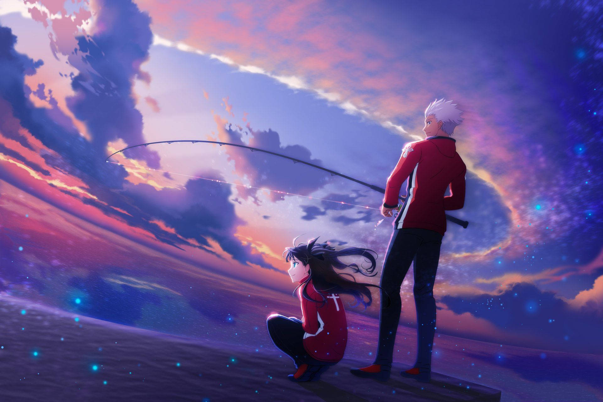 Two Anime Characters Standing On A Cliff Watching The Sky Background