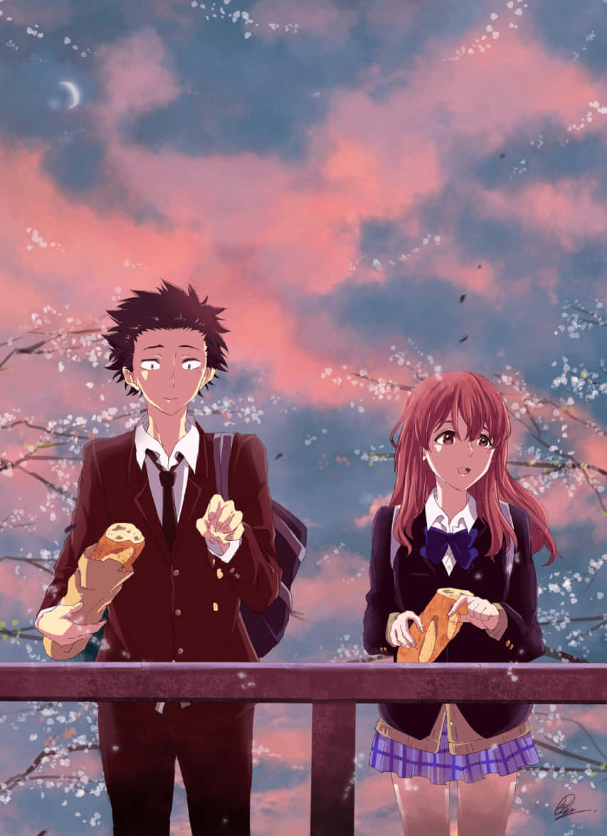 Two Anime Characters Standing On A Railing