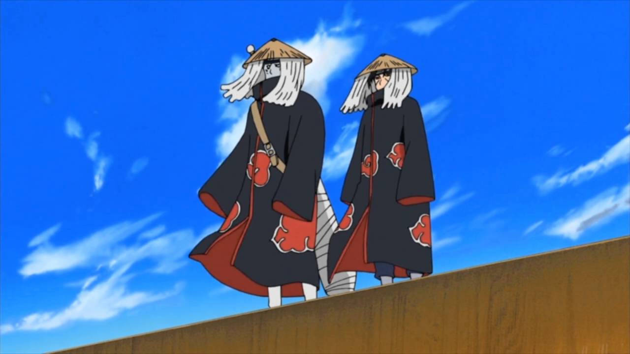 Two Anime Characters Standing On A Wooden Platform Background