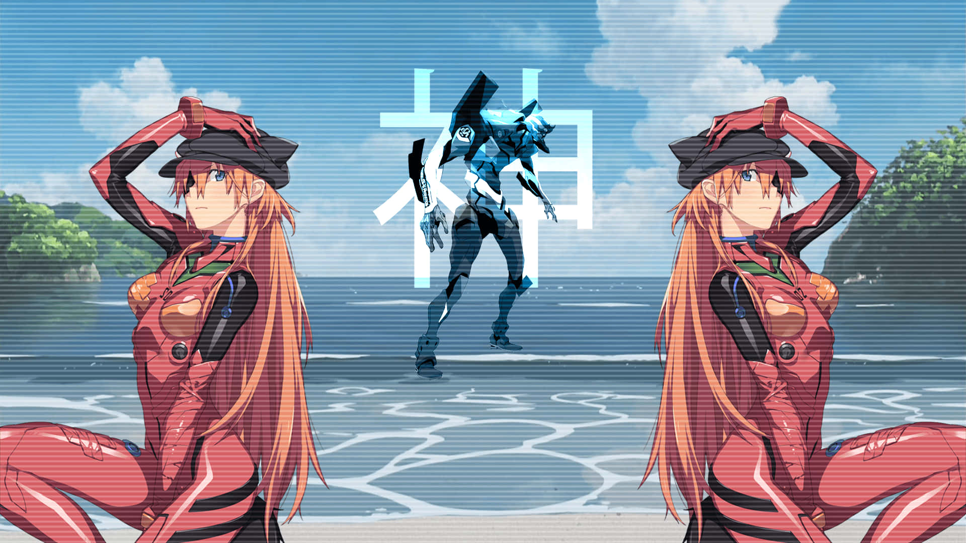 Two Anime Characters Standing On The Beach