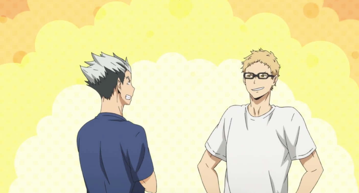 Two Anime Characters Talking In Front Of A Yellow Background Background