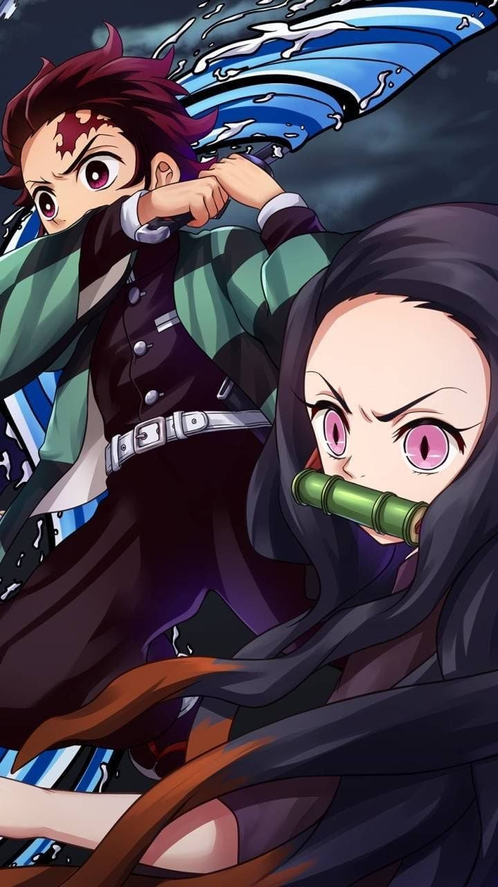 Two Anime Characters With Long Hair And Black Hair Background