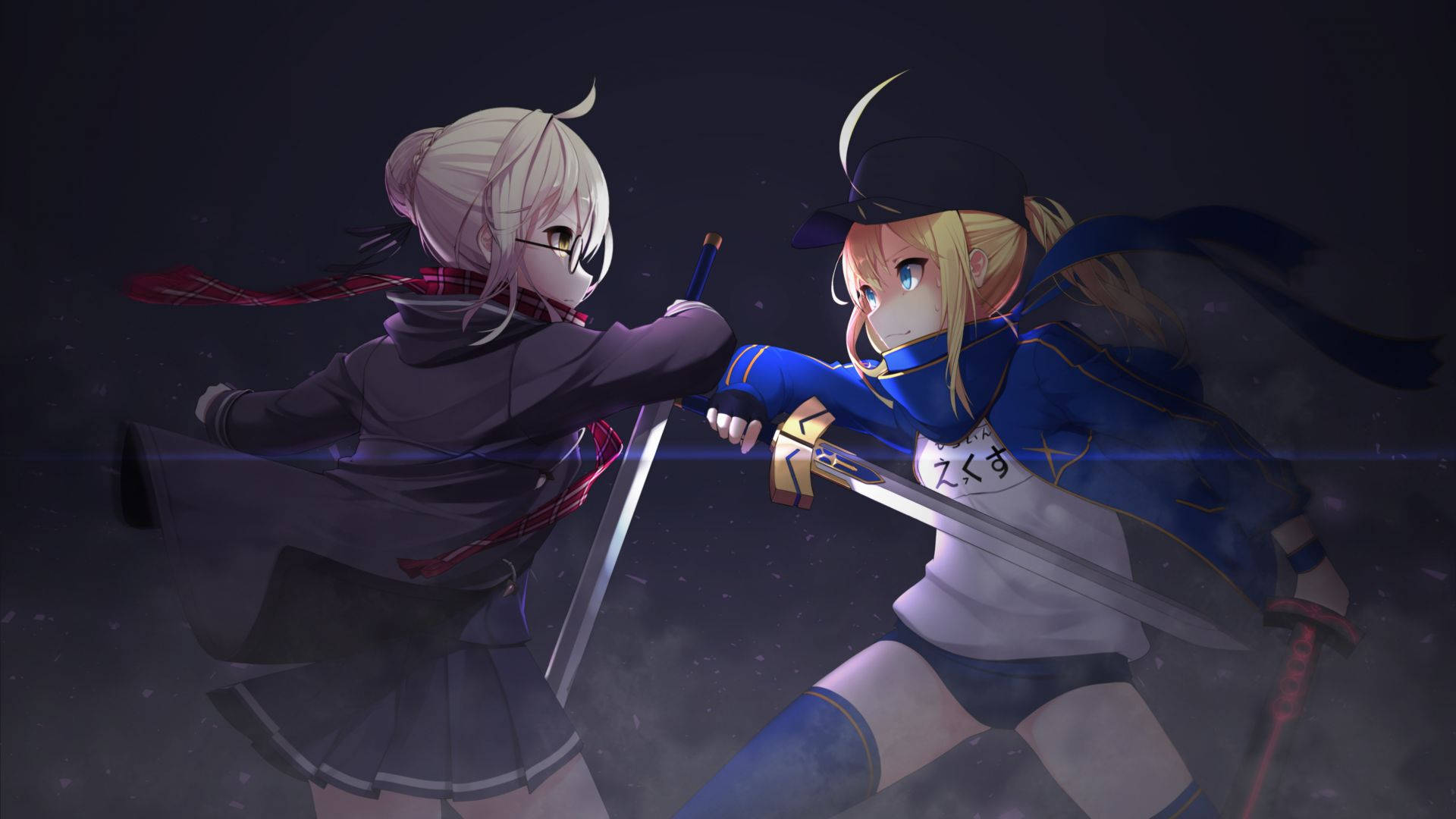 Two Anime Girls Fighting With Swords Background