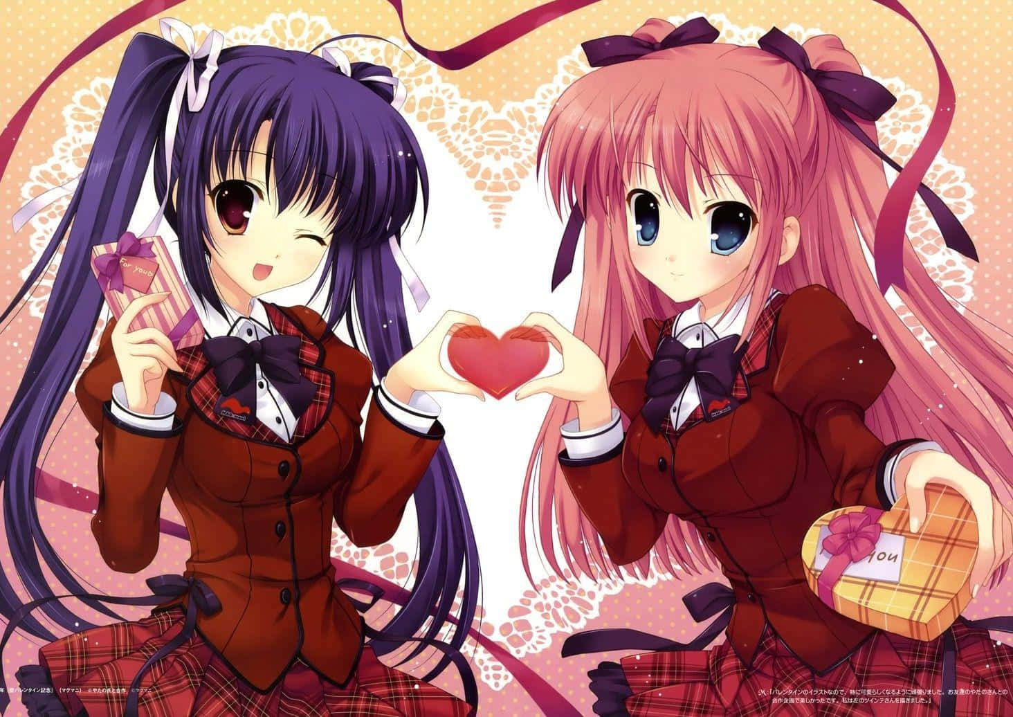 Two Anime Girls Holding Hearts In Front Of A Heart Background