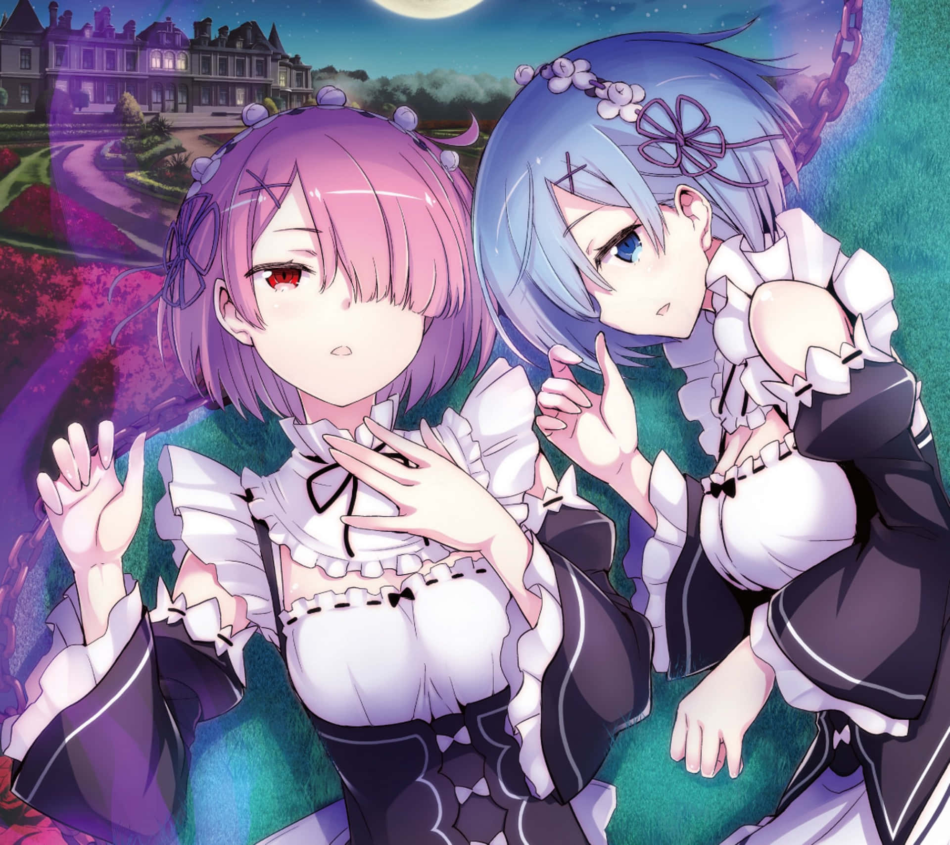 Two Anime Girls In A Dress Standing In Front Of A Moon Background