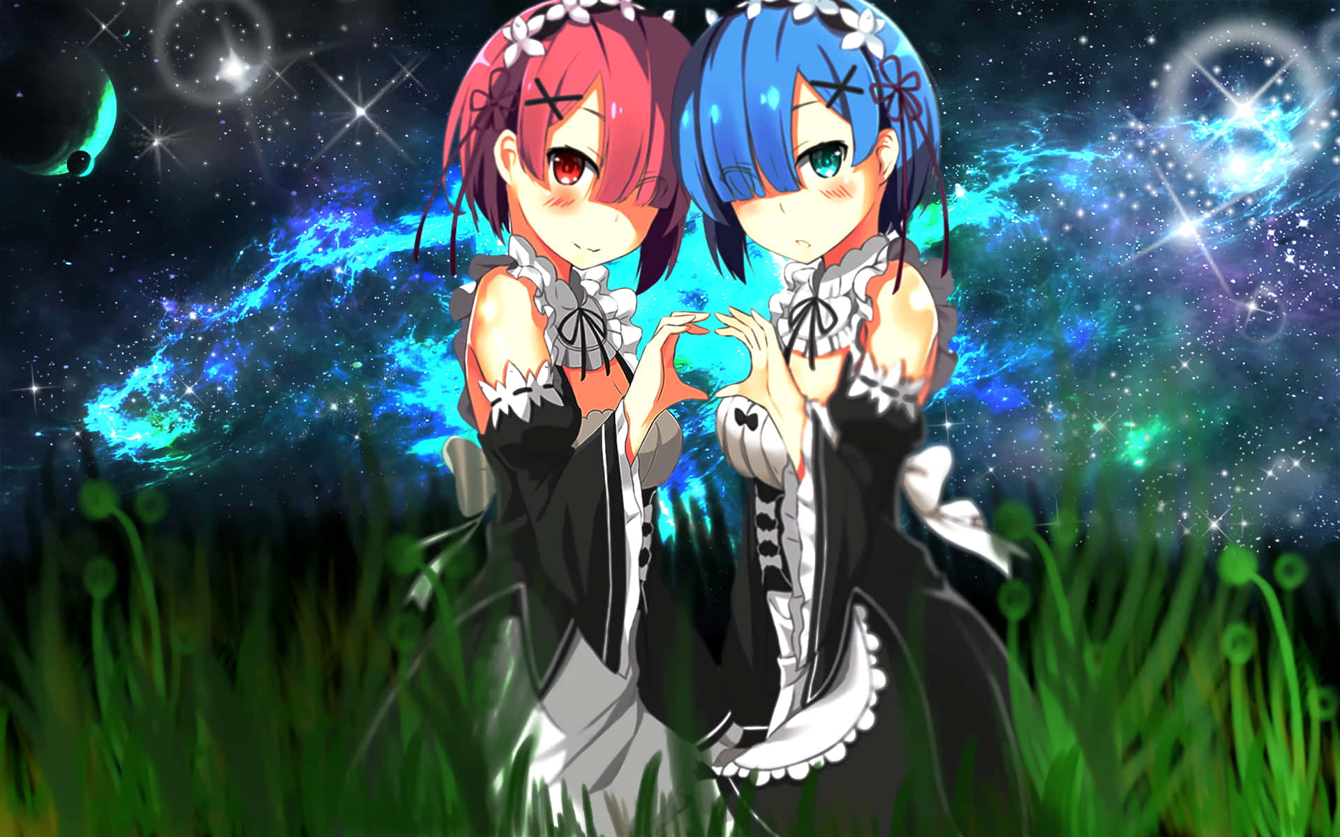 Two Anime Girls In A Field With Stars In The Background Background