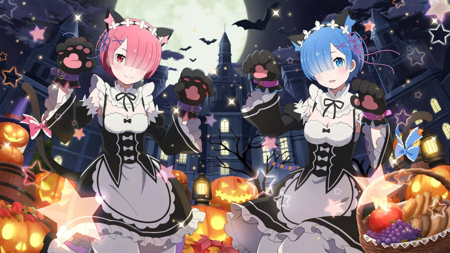 Two Anime Girls In Costumes With Pumpkins In The Background Background