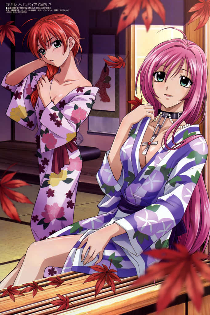 Two Anime Girls In Kimono Sitting In A Mirror