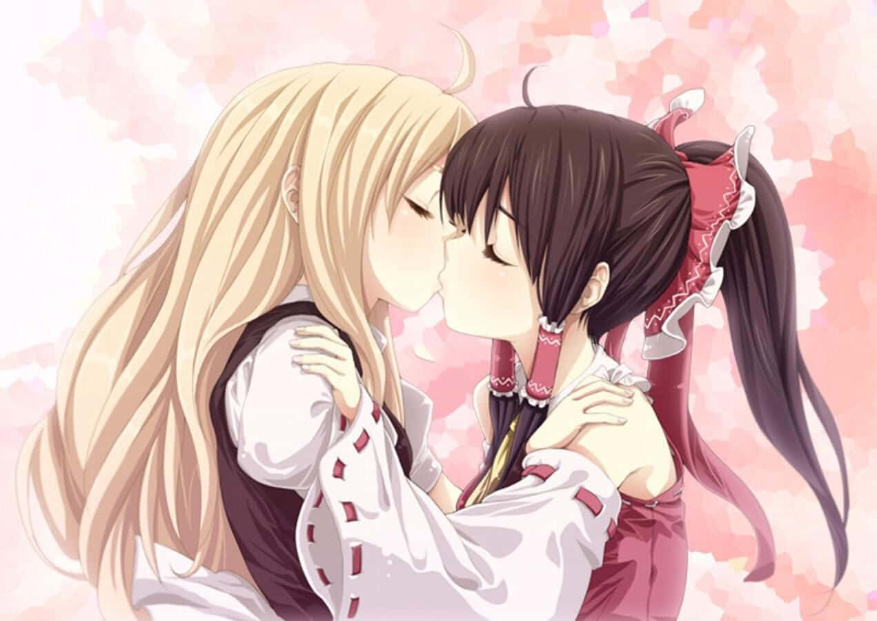 Two Anime Girls Kissing In Front Of Pink Background Background