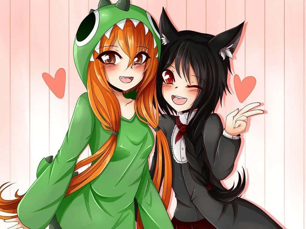 Two Anime Girls Posing For A Picture Background