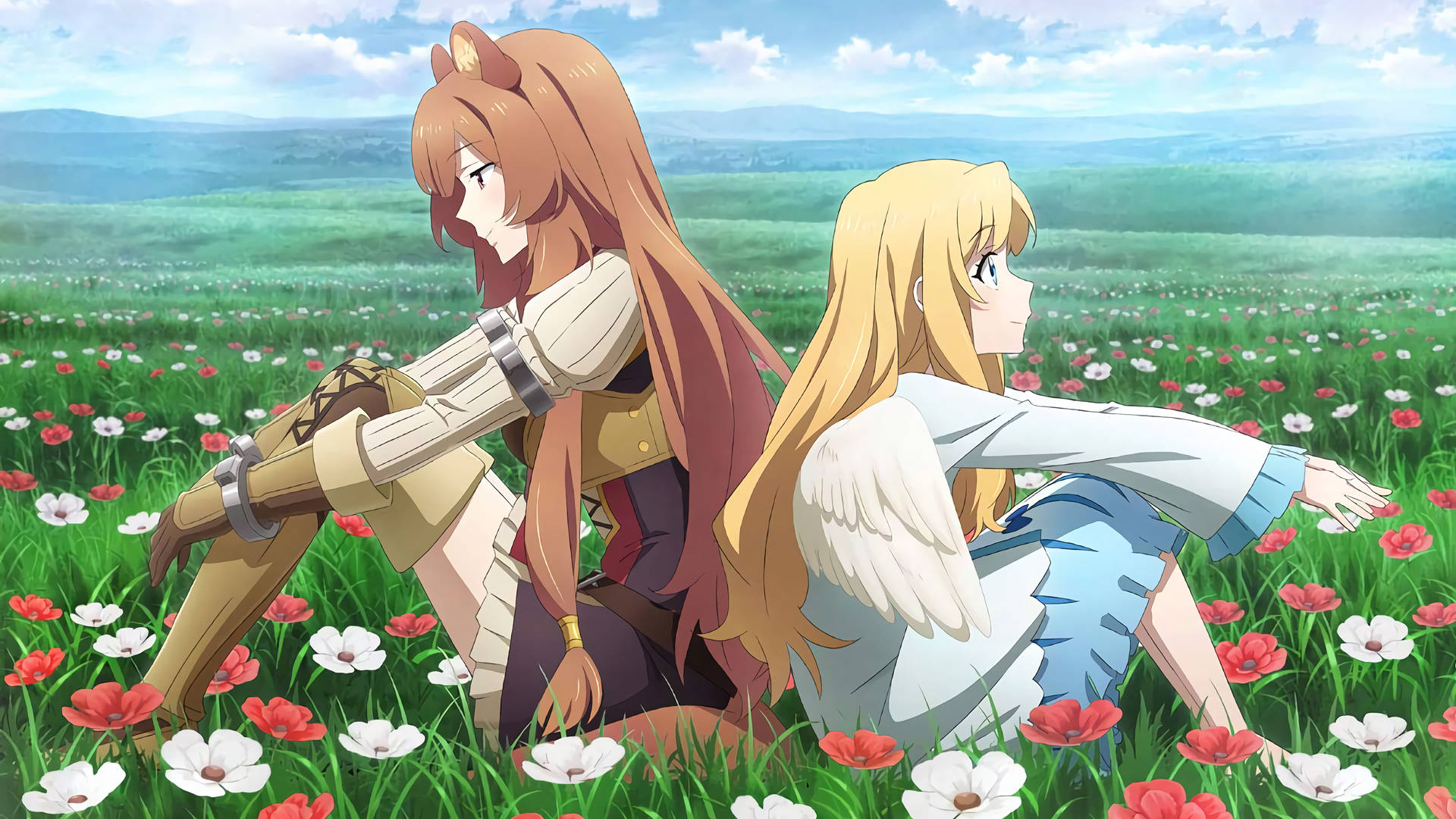 Two Anime Girls Sitting In A Field Of Flowers