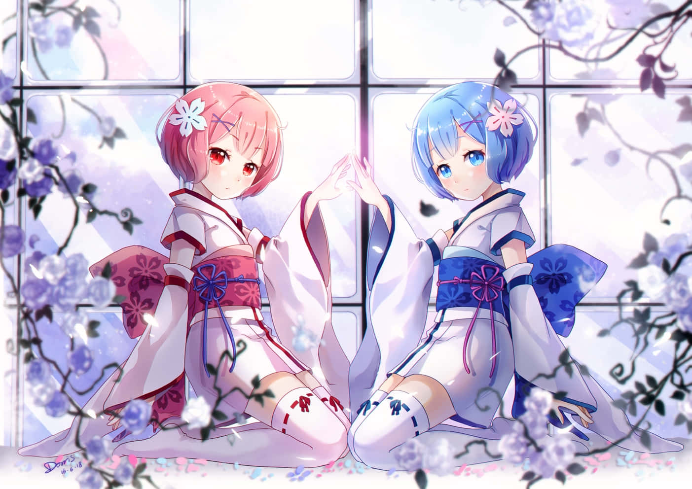 Two Anime Girls Sitting In Front Of A Window