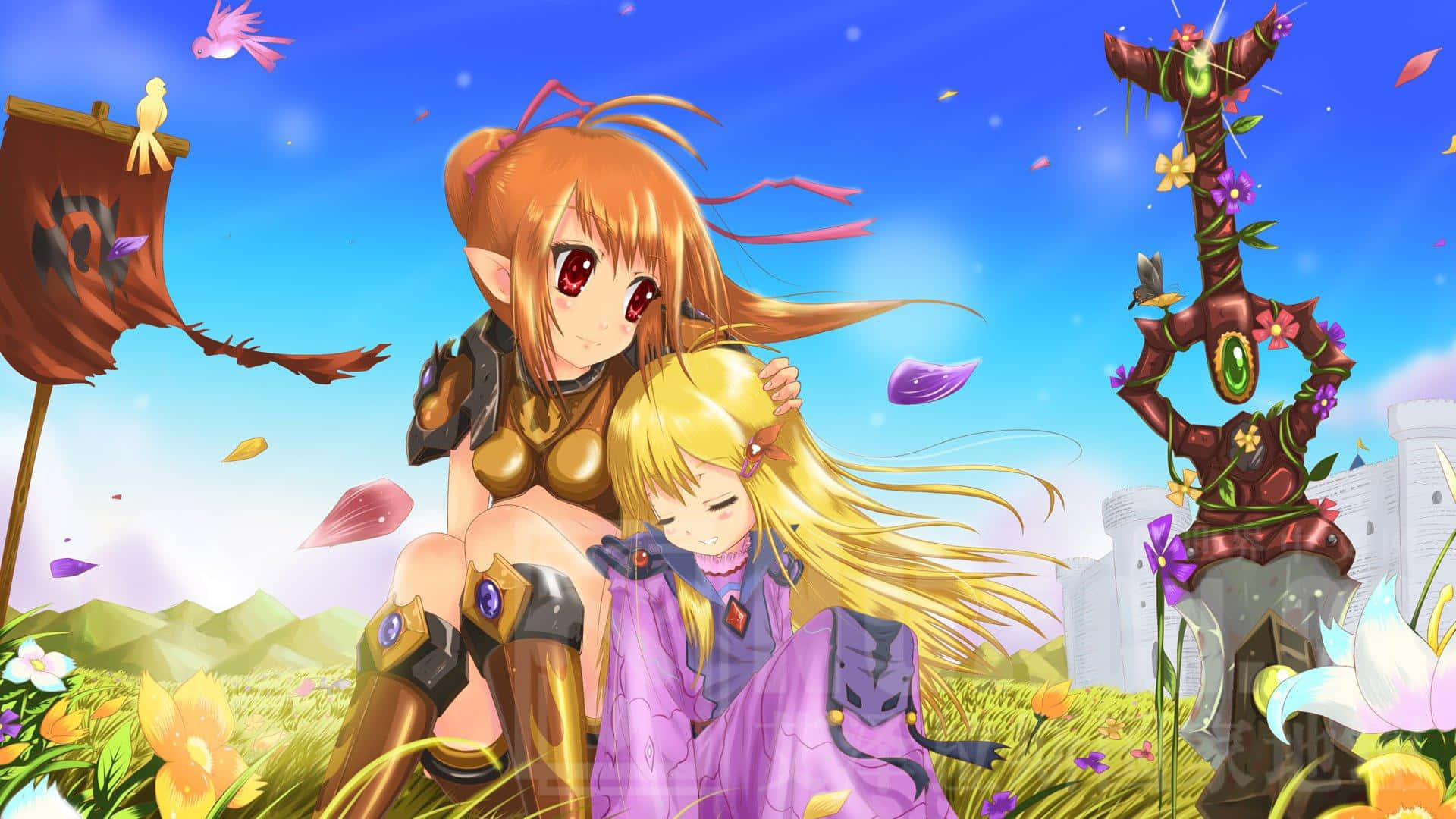 Two Anime Girls Sitting In The Grass Background