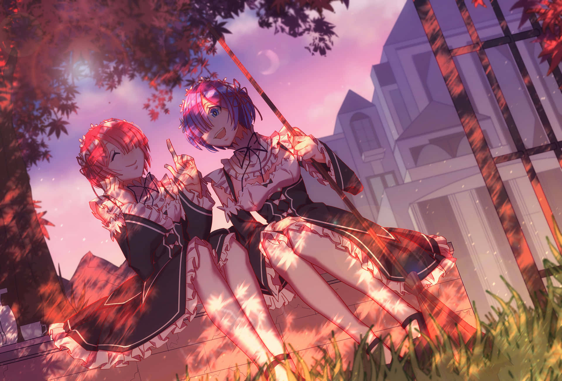 Two Anime Girls Sitting On A Bench In The Park