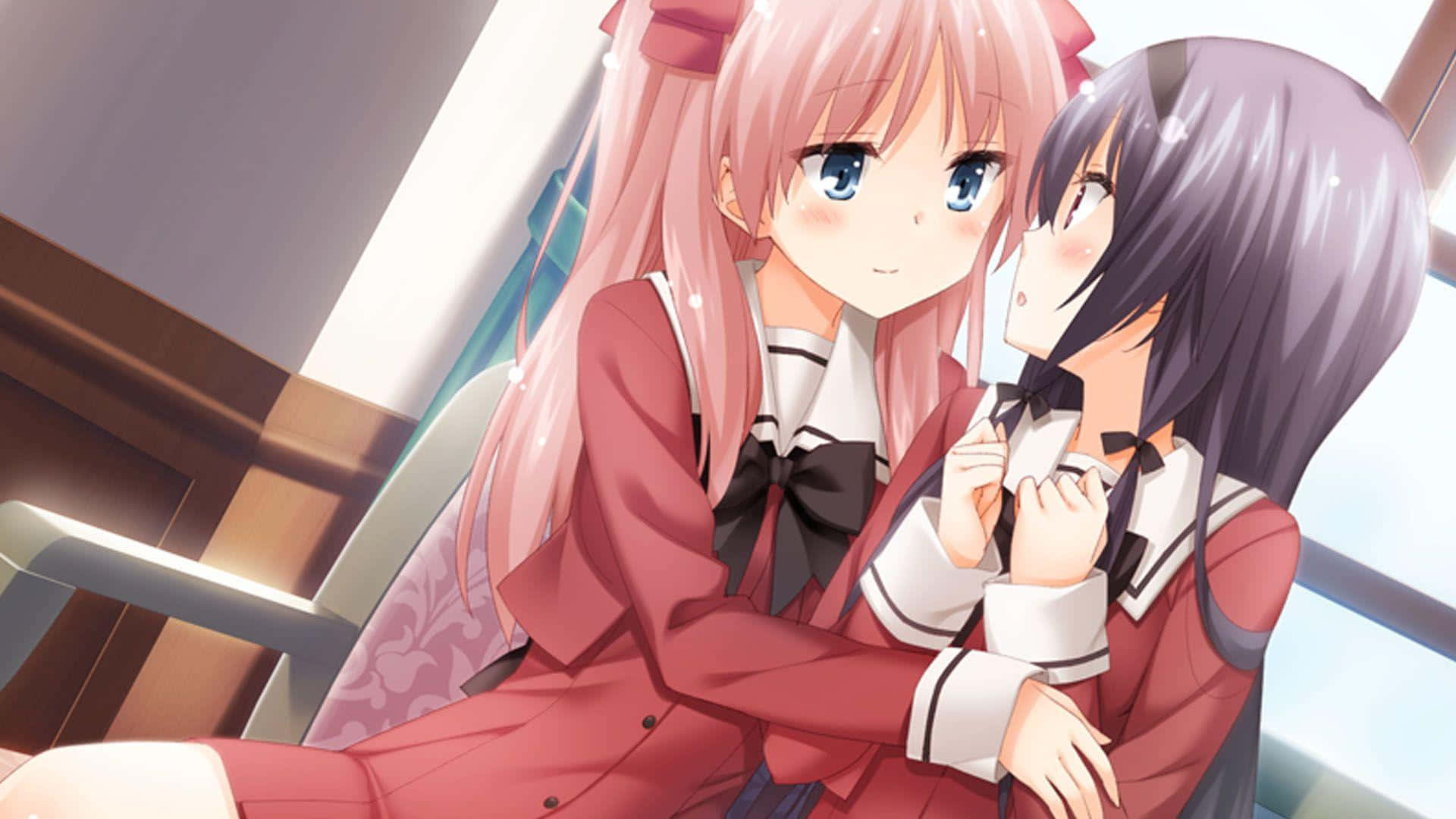 Two Anime Girls Sitting On A Chair And Hugging
