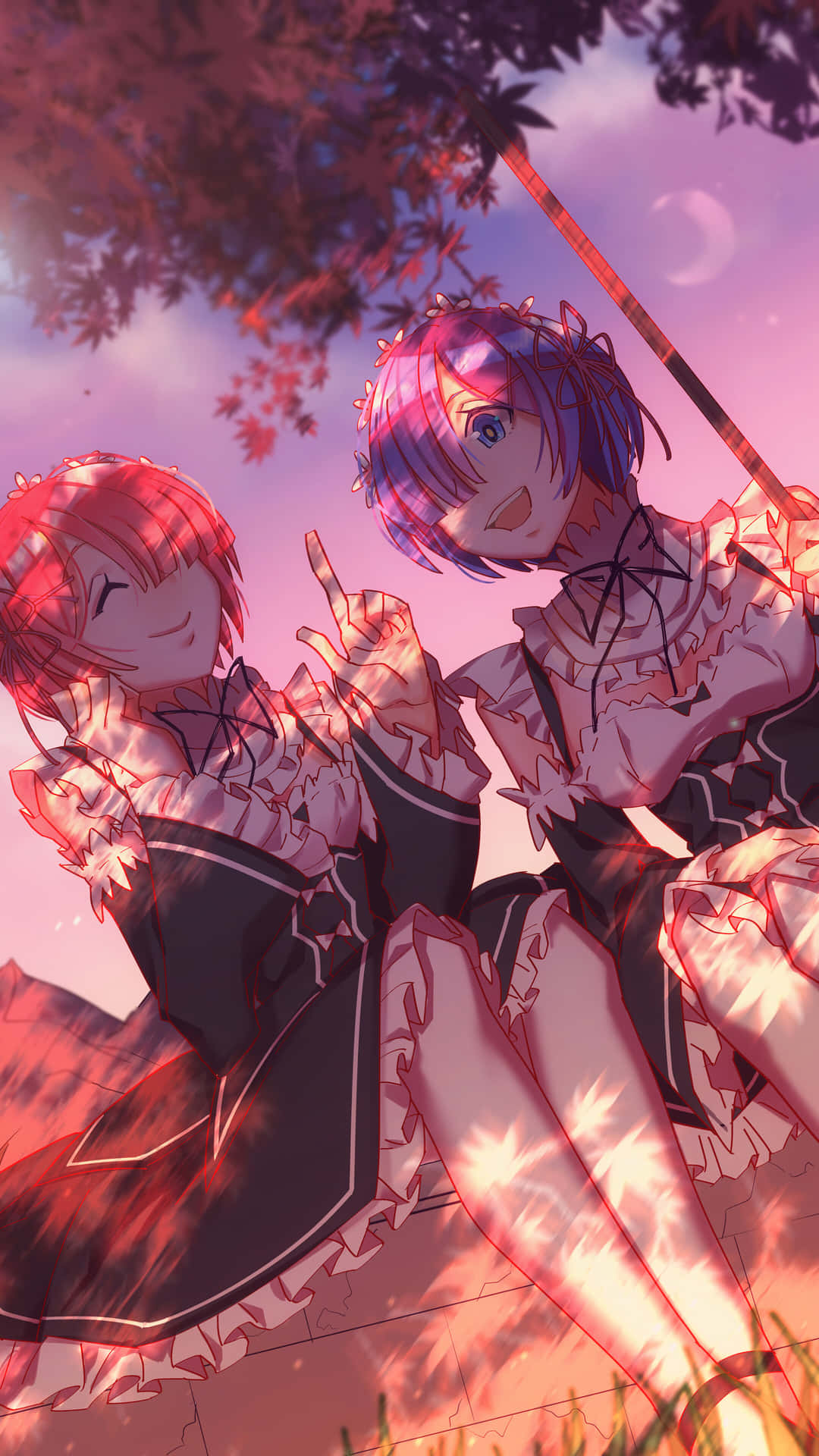 Two Anime Girls Sitting On A Hill With A Tree In The Background Background