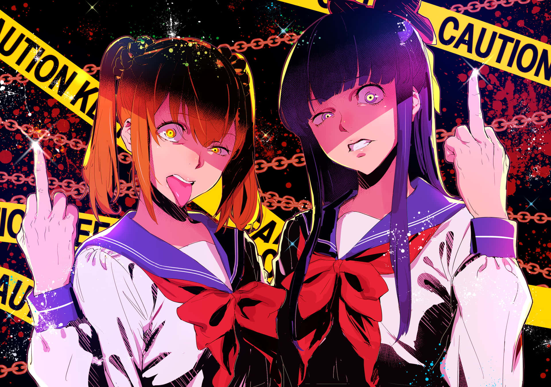 Two Anime Girls Standing In Front Of Caution Tape Background