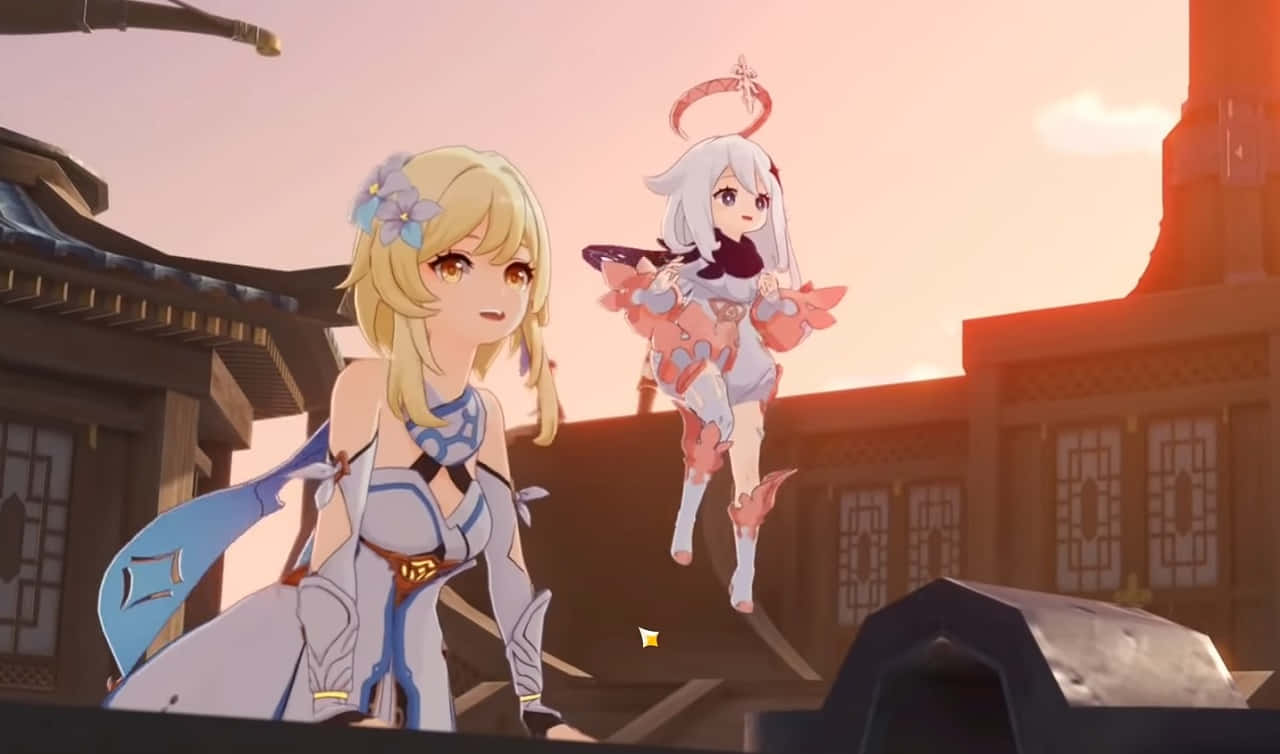 Two Anime Girls Standing On Top Of A Building Background