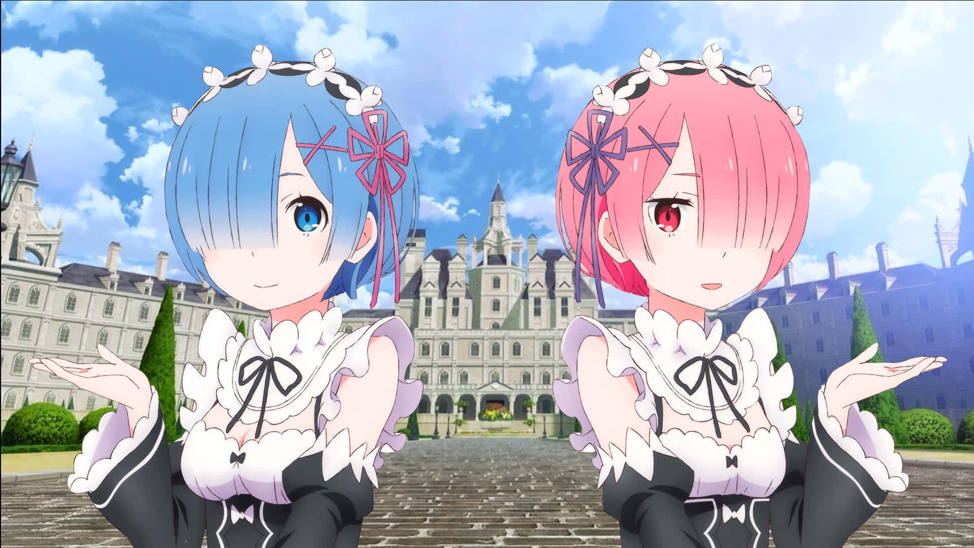 Two Anime Girls With Blue And Pink Hair Standing In Front Of A Castle Background