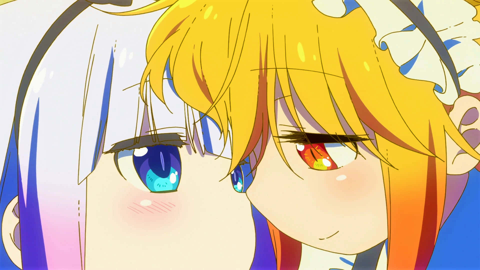 Two Anime Girls With Blue Eyes And Yellow Hair Background