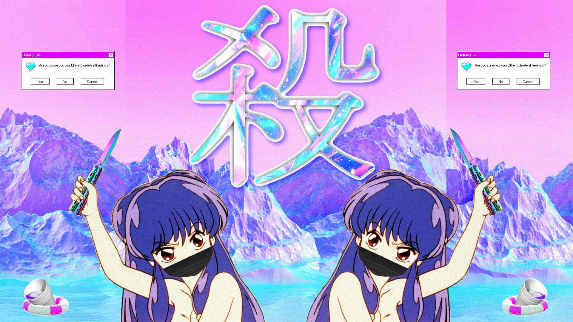 Two Anime Girls With Blue Hair And A Knife Background