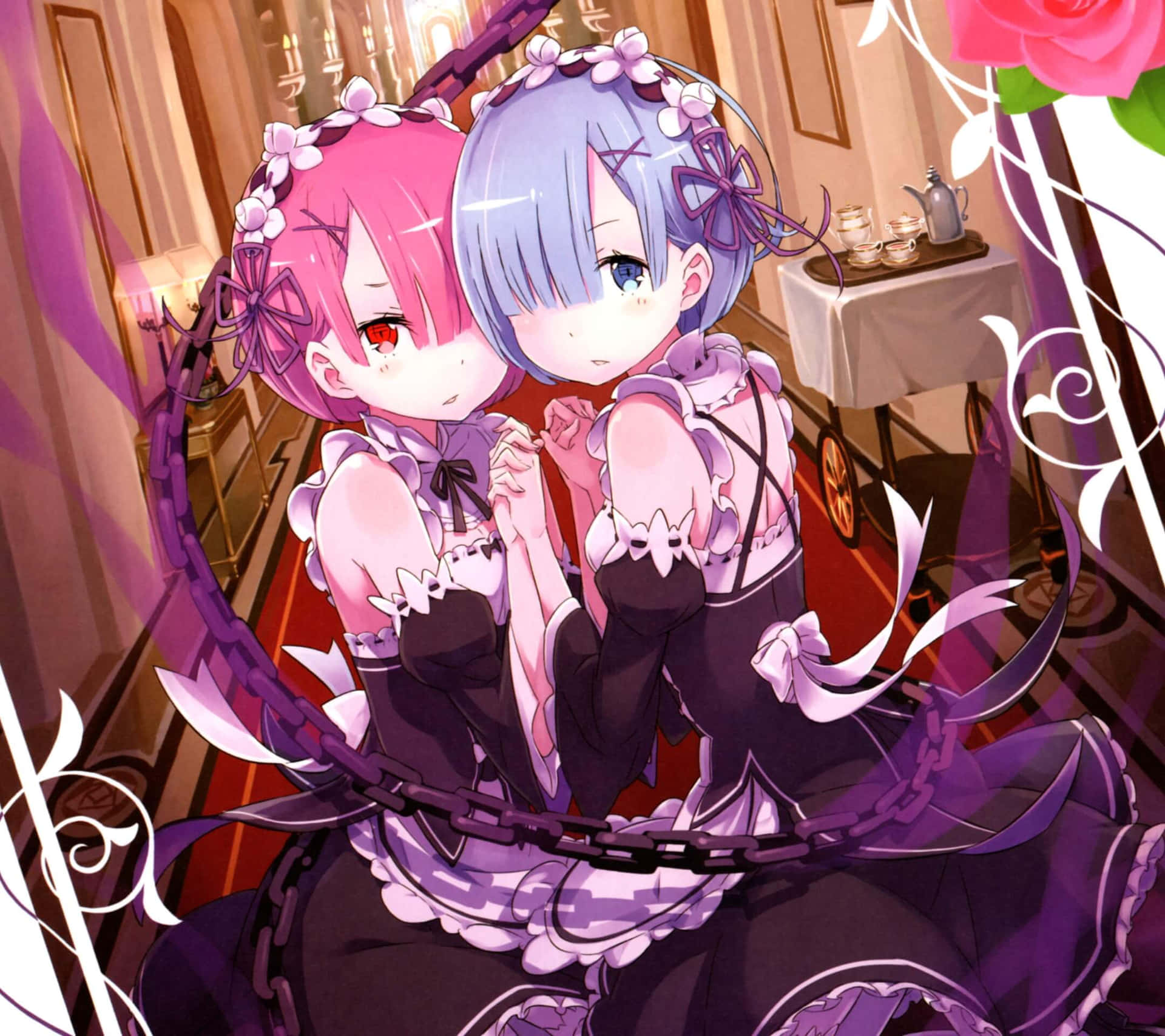 Two Anime Girls With Pink Hair And Roses Background