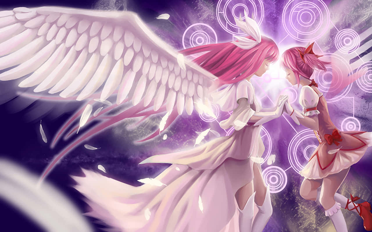 Two Anime Girls With Pink Hair And Wings Background