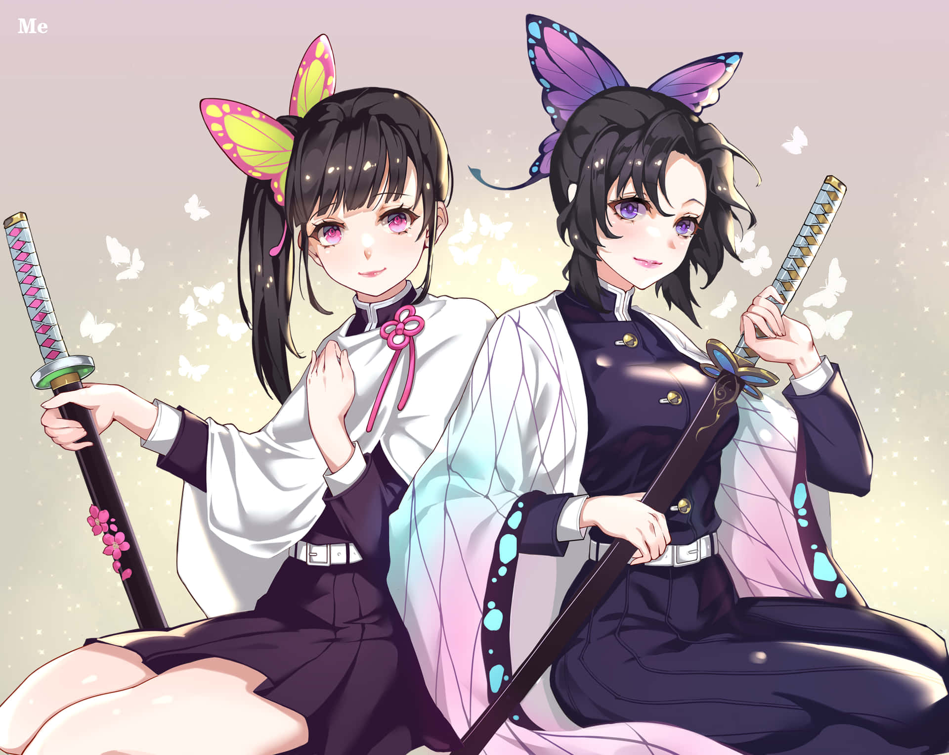 Two Anime Girls With Swords And Butterflies Background